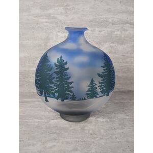 Blue Glass Vase,‎ Wide Base, Painted Snowy Forrest, Large Bud Vase